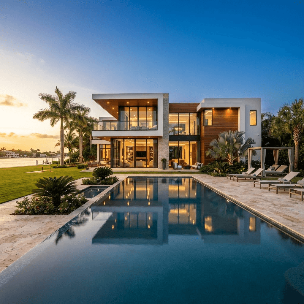 Luxury modern Florida custom home with floor-to-ceiling glass, infinity pool, and palm trees at golden hour